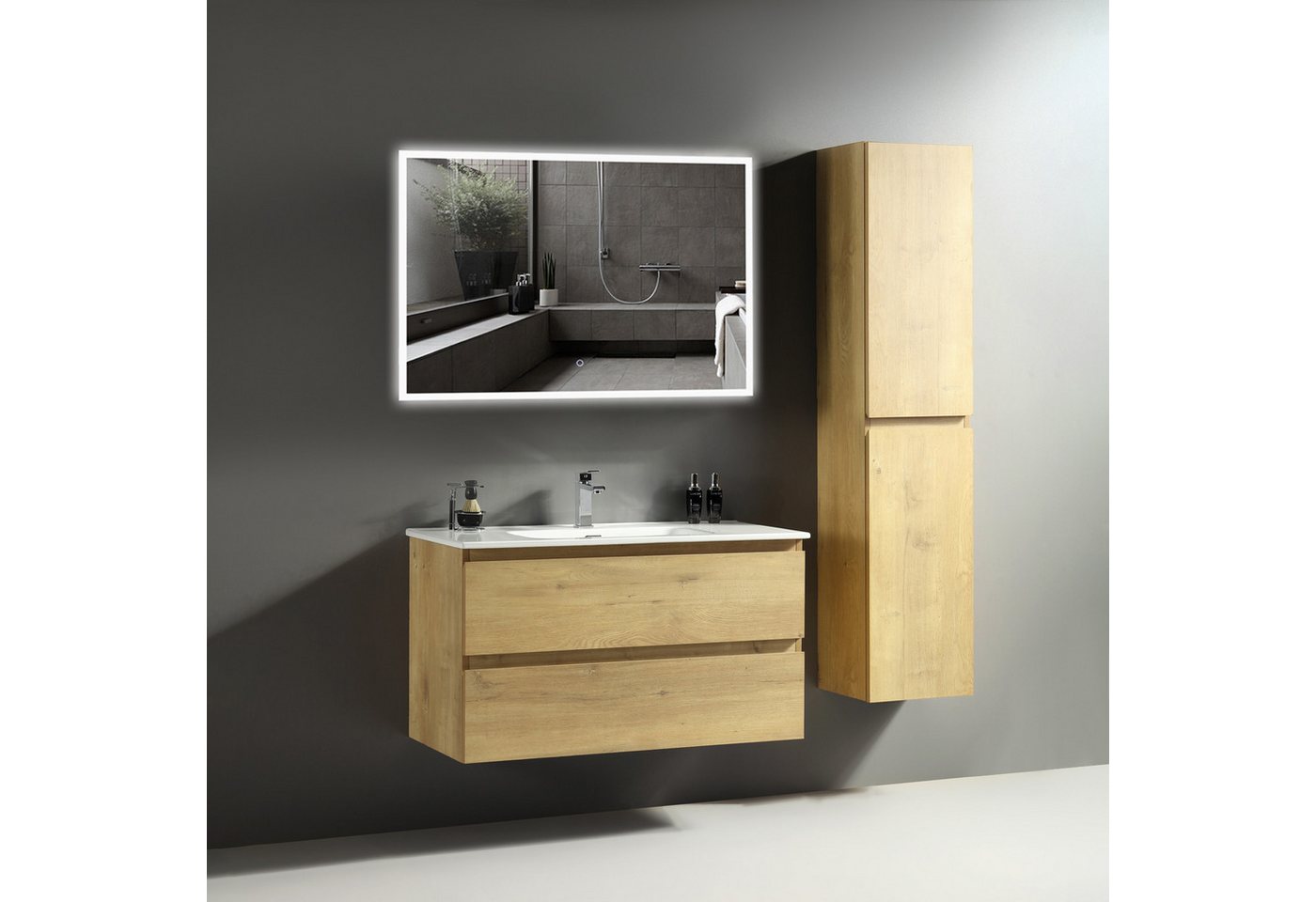 Alpenberger Badmöbel-Set Badezimmermöbel Badezimmer Schrank, (Waschplatz mit Hochschrank, Waschbecken mit Unterschrank 100 cm Breit - Eiche Natur), Badezimmerspiegel mit Beleuchtung von Alpenberger