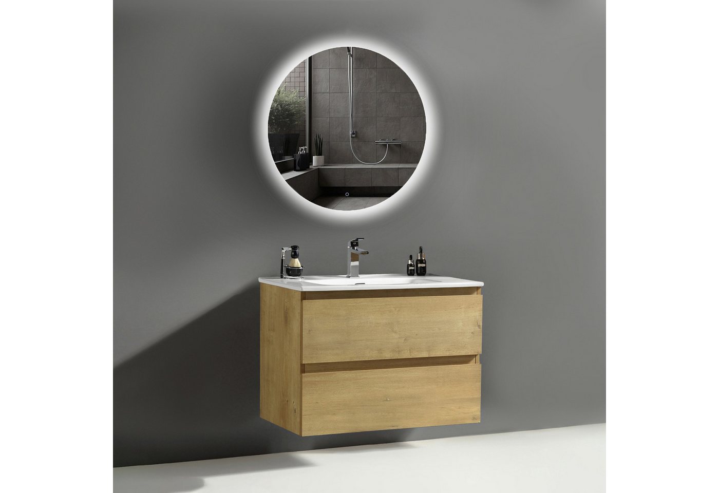 Alpenberger Badmöbel-Set - Badschrank Badezimmer Schrank, (LED Spiegel Rund mit Beleuchtung, Waschbecken mit Unterschrank), Badezimmermöbel Set mit Badspiegel von Alpenberger