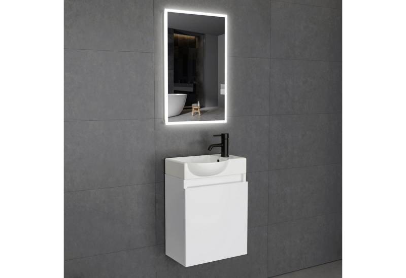 Alpenberger Badmöbel-Set Gäste WC Waschtisch Set 45 cm Breit - Waschbeckenunterschrank Hängend, (Gäste WC Möbel Set 3-tlg., 3-St., Waschbeckenunterschrank mit Waschbecken und Badspiegel), Gäste WC Waschbecken mit Unterschrank und LED Spiegel von Alpenberger