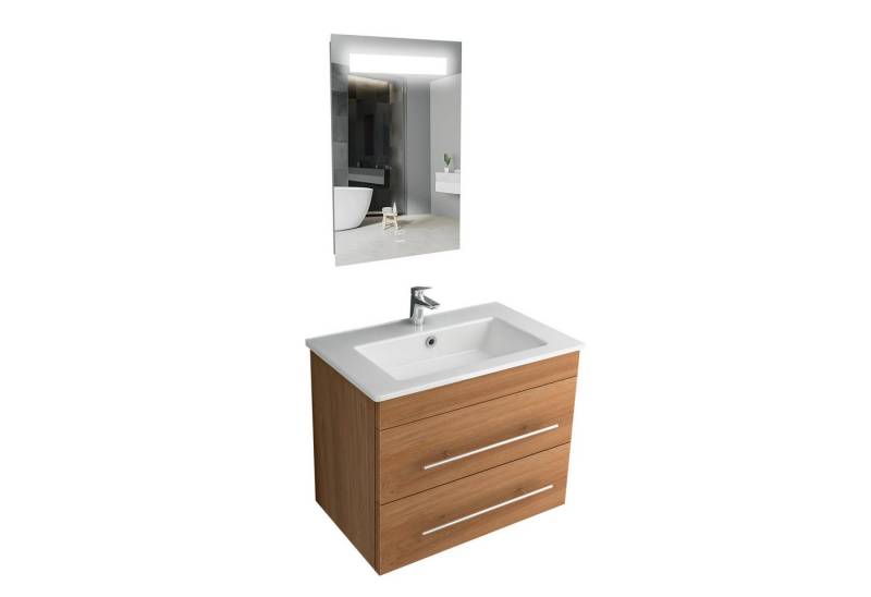 Alpenberger Badmöbel-Set Farbe Bamboo - Waschtisch mit LED Spiegel fürs Bad & Gäste WC, (3-tlg. Badezimmer Möbel Vormontiert, 3-St., Waschbecken mit Unterschrank & Badspiegel mit Beleuchtung), Handwaschbecken mit Nano - Badschrank mit Softclose von Alpenberger