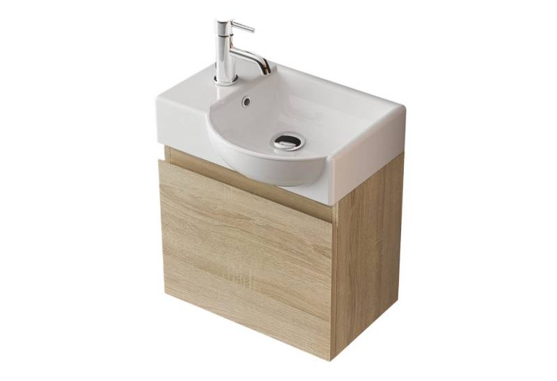 Alpenberger Badmöbel-Set - Gäste WC Waschbecken mit Unterschrank 45 cm Breit, (Badschrank 2-tlg., Waschtisch hängend), Waschbeckenunterschrank mit Softclose - Eiche Hell - Rechts Becken von Alpenberger