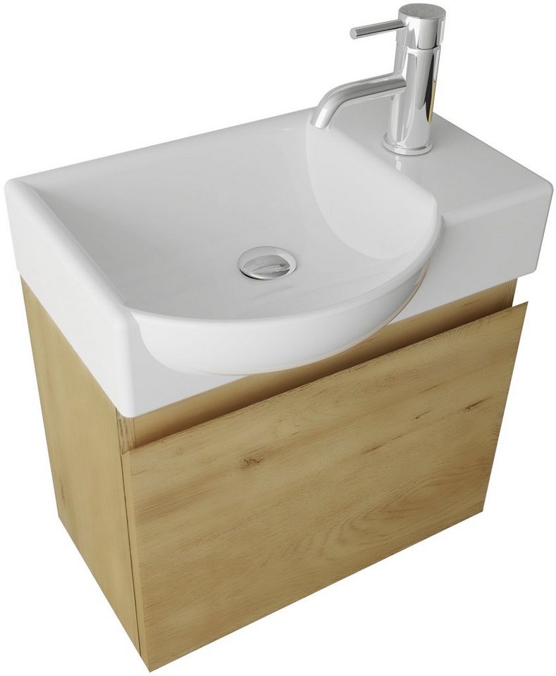 Alpenberger Badmöbel-Set - Gäste WC Waschbecken mit Unterschrank 45 cm Breit, (Badschrank 2-tlg., Waschtisch hängend), Waschbeckenunterschrank mit Softclose - Eiche Natur - Links Becken von Alpenberger