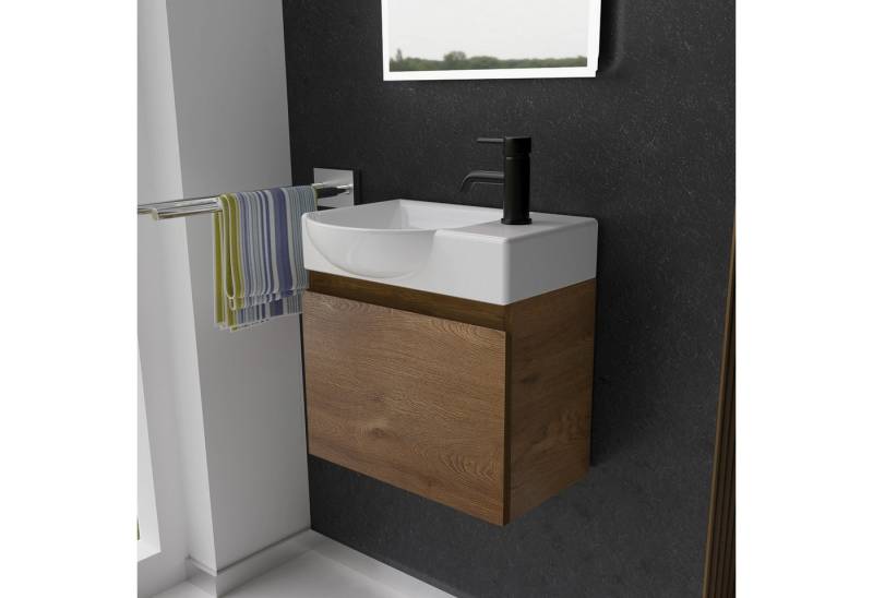 Alpenberger Badmöbel-Set - Gäste WC Waschbecken mit Unterschrank 45 cm Breit, (Badschrank 2-tlg., Waschtisch hängend), Waschbeckenunterschrank mit Softclose - Farbe Eiche - Links Becken von Alpenberger