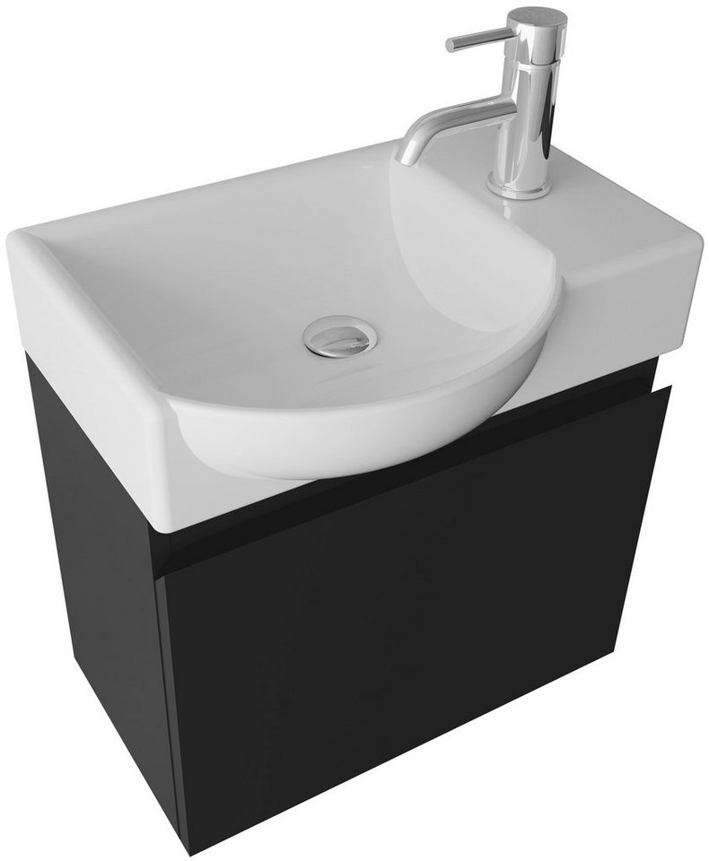 Alpenberger Badmöbel-Set - Gäste WC Waschbecken mit Unterschrank 45 cm Breit, (Badschrank 2-tlg., Waschtisch hängend), Waschbeckenunterschrank mit Softclose - Schwarz - Links Becken von Alpenberger