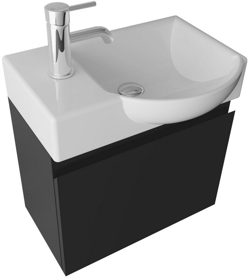 Alpenberger Badmöbel-Set - Gäste WC Waschbecken mit Unterschrank 45 cm Breit, (Badschrank 2-tlg., Waschtisch hängend), Waschbeckenunterschrank mit Softclose - Schwarz - Rechts Becken von Alpenberger