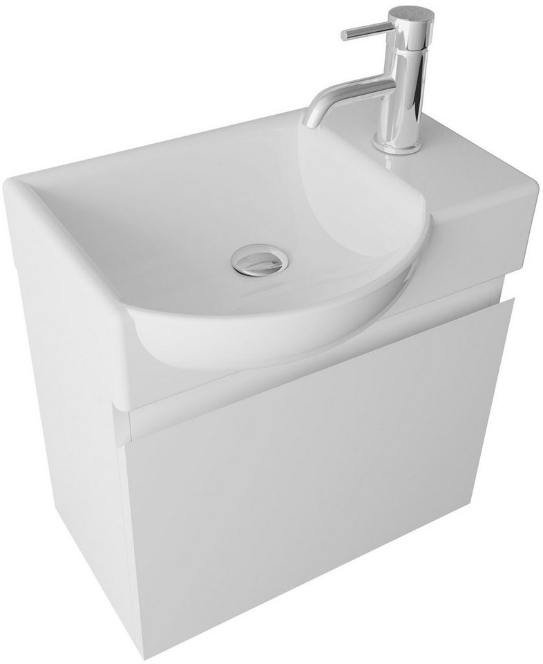 Alpenberger Badmöbel-Set - Gäste WC Waschbecken mit Unterschrank 45 cm Breit, (Badschrank 2-tlg., Waschtisch hängend), Waschbeckenunterschrank mit Softclose - Weiss - Links Becken von Alpenberger