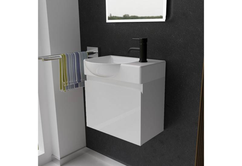 Alpenberger Badmöbel-Set - Gäste WC Waschbecken mit Unterschrank 45 cm Breit, (Badschrank 2-tlg., Waschtisch hängend), Waschbeckenunterschrank mit Softclose - Weiss - Links Becken von Alpenberger