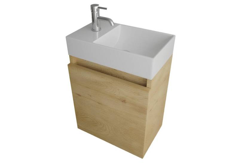 Alpenberger Badmöbel-Set Gäste WC Waschbecken mit Unterschrank - Badschrank Hängend, (2-tlg. Waschtisch Set Eiche Natur, Waschbeckenunterschrank mit Softclose), Waschplätze für Kleine Bäder - Badschrank Hängend und Vormontiert von Alpenberger