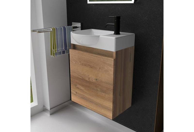 Alpenberger Badmöbel-Set Gäste WC Waschbecken mit Unterschrank - Hängeschrank Vormontiert, (Waschbecken Komplett Set, Badmöbel+Set - Bad Unterschrank), Waschtisch mit Unterschrank Braun - Gäste Waschbecken von Alpenberger