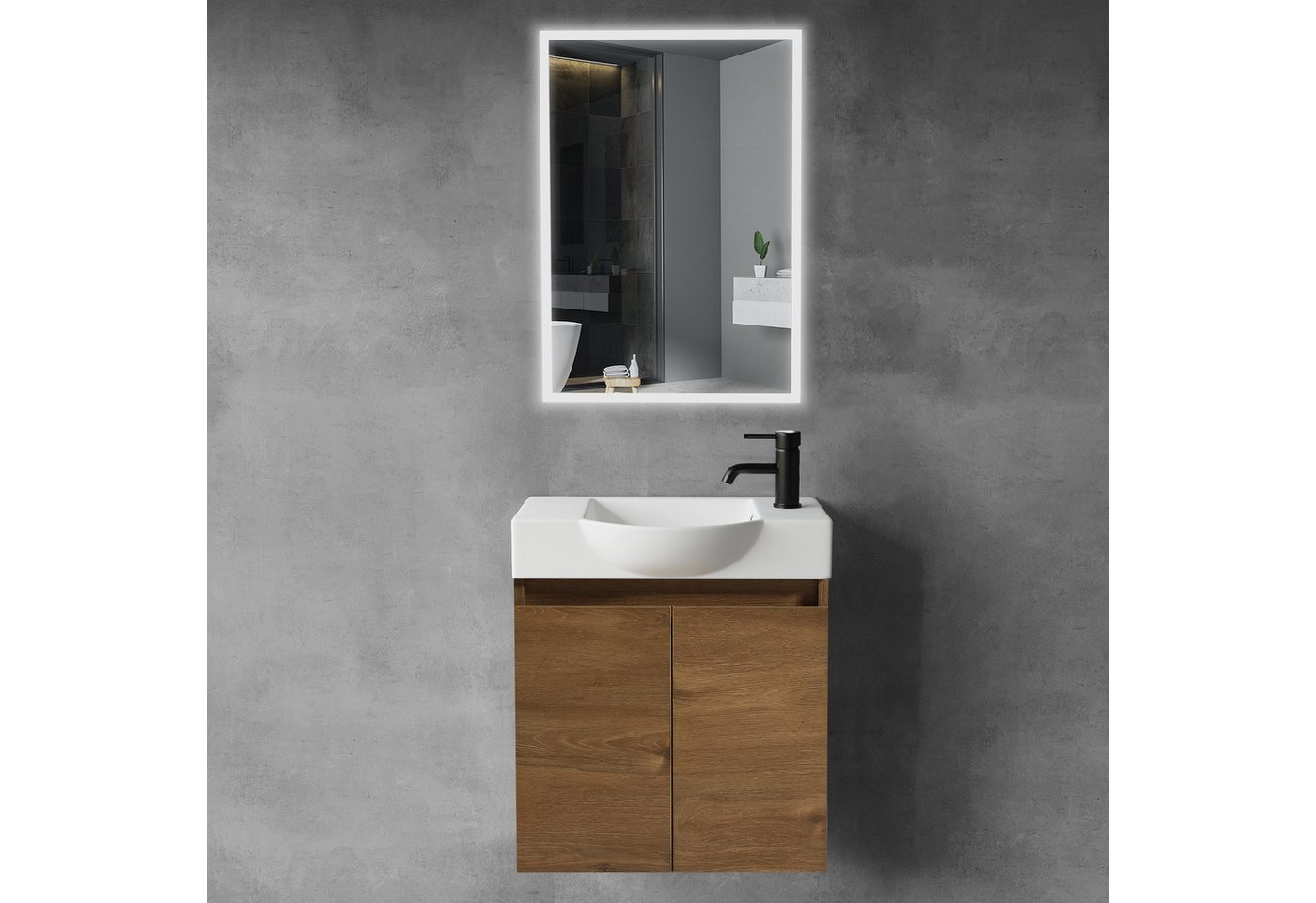 Alpenberger Badmöbel-Set mit Spiegel - Waschtisch mit Unterschrank + Badspiegel mit Beleuchtung, (Badezimmerschrank mit Waschbecken, 3-tlg. Badezimmermöbel), Waschbeckenunterschrank - Eiche von Alpenberger