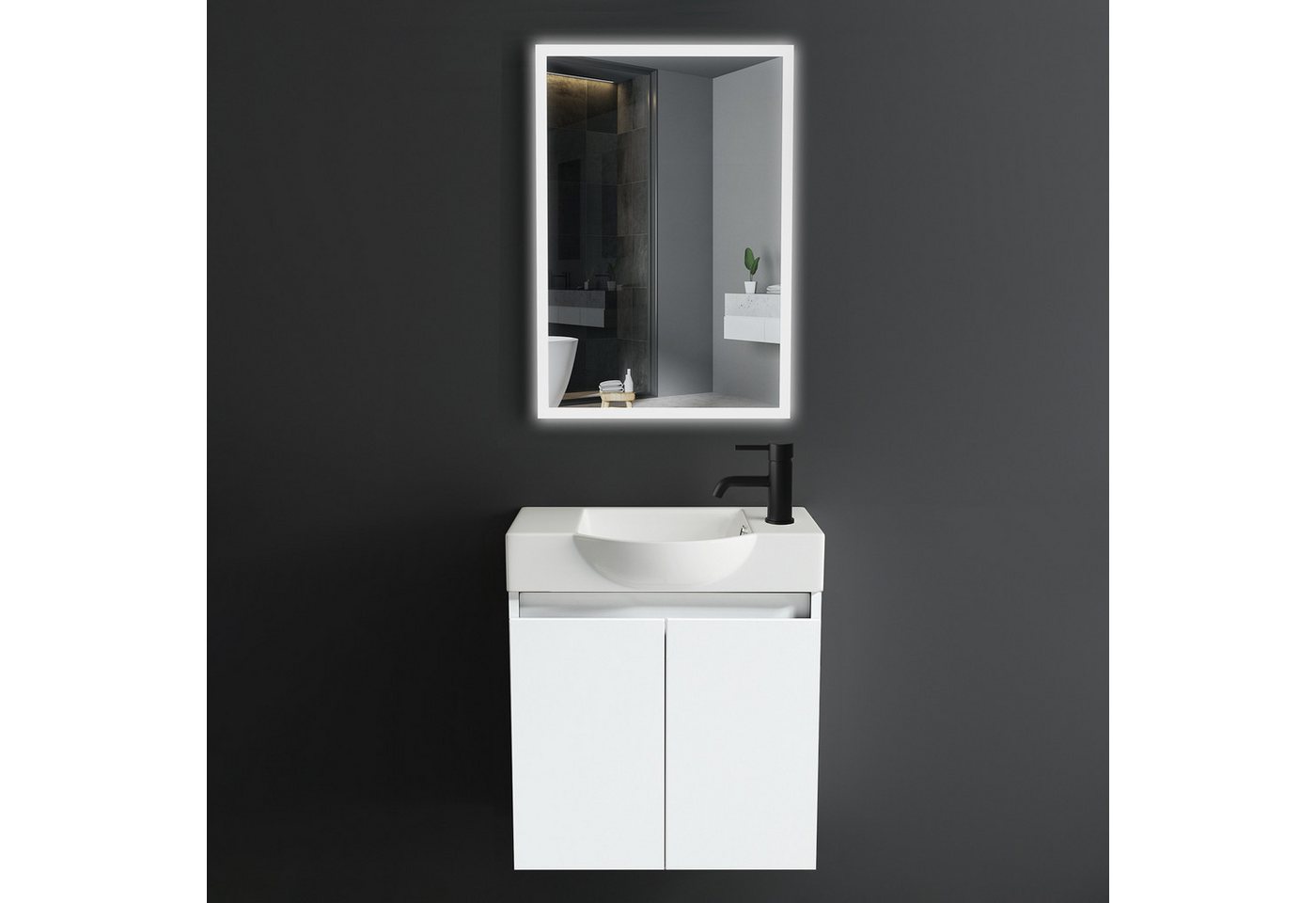 Alpenberger Badmöbel-Set mit Spiegel - Waschtisch mit Unterschrank + Badspiegel mit Beleuchtung, (Badezimmerschrank mit Waschbecken, 3-tlg. Badezimmermöbel), Waschbeckenunterschrank - Weiss Glänzend von Alpenberger
