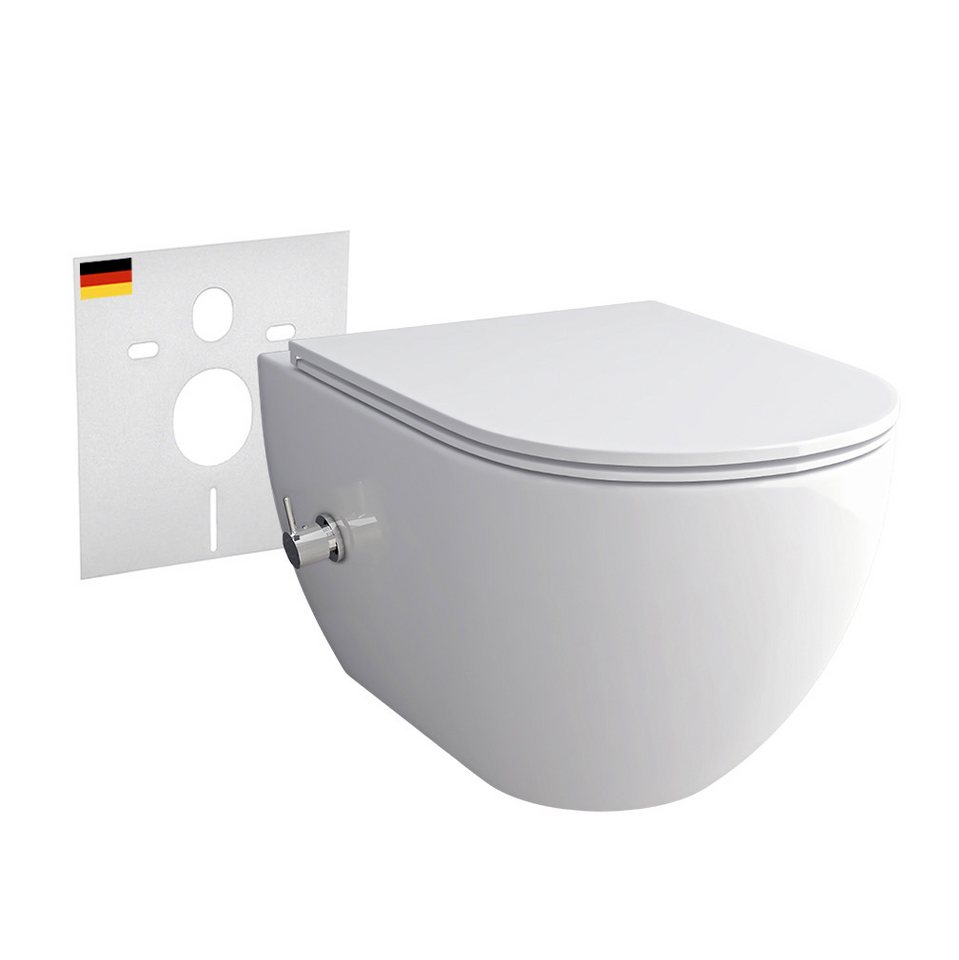 Alpenberger Dusch-WC Set - Wand WC mit Bidet Funktion Armatur integriert, Wandhängend, Abgang Waagerecht, Wand WC 2-tlg. Passend zu Geberit, Taharet WC mit WC Sitz mit Absenkautomatik - Hänge WC - Made in EU von Alpenberger