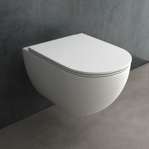 Alpenberger Hänge WC Spülrandlos | Toilette mit Nano | Tiefspüler Wand WC | Duroplast Toilettendeckel mit Absenkautomatik - Slim Sitz | Keramik Kloschüssel für Bad & Gäste WC | Passend Geberit von Alpenberger