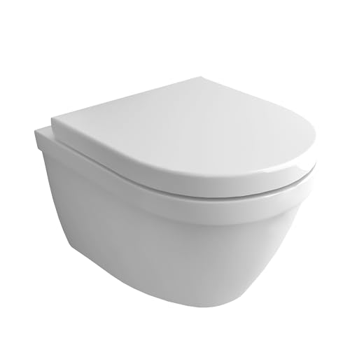 Alpenberger Spülrandlose Toilette | Keramik WC mit Nano Beschichtung | WC Sitz mit Absenkautomatik | Hänge WC für Badezimmer | Moderne Gäste WC Toiletten | Tiefspüler Passend Geberit von Alpenberger