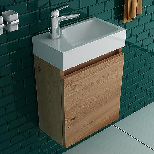 Alpenberger Gäste WC Waschbecken mit Unterschrank Klein | Badschrank Schmal | Waschbeckenunterschrank in Bamboo | Mineralguss Waschtisch Set | Badschrank Hängend 40 cm Breit von Alpenberger