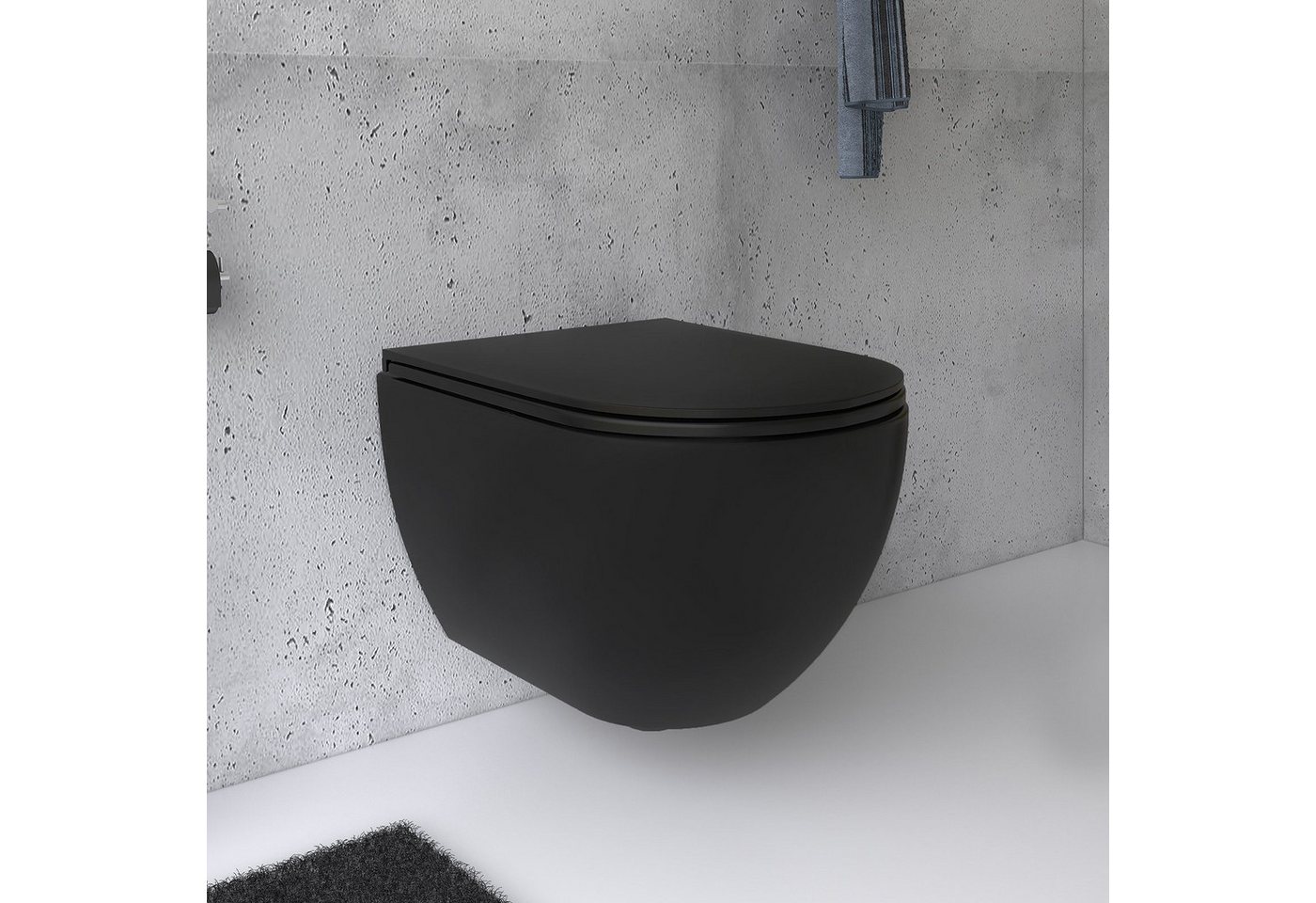 Alpenberger Tiefspül-WC - Hänge WC Schwarz Matt Spülrandlos - Schwarze Toilette mit Nano, wandhängend, Abgang waagerecht, Komplett-Set Wand WC, Rimfree Hänge WC - Made in Europa - Passend Geberit von Alpenberger