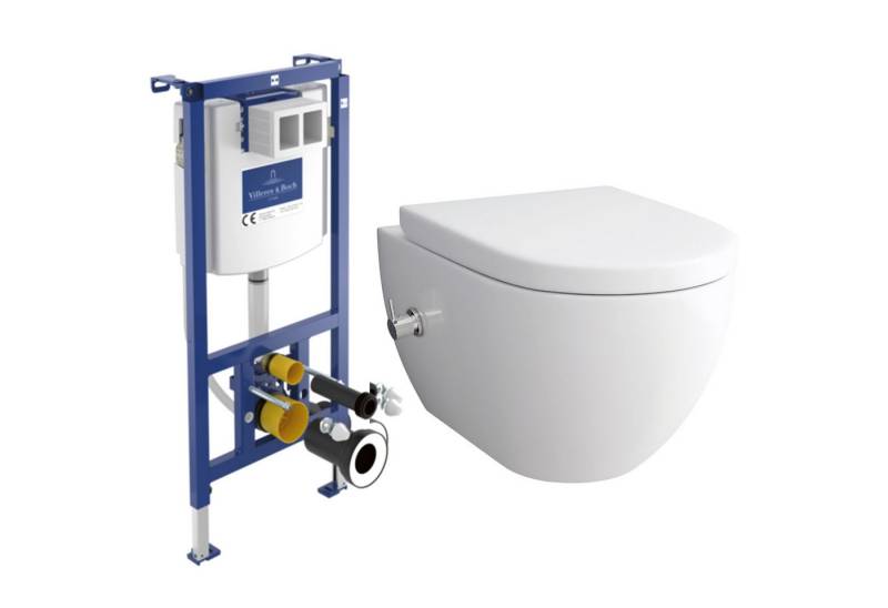 Alpenberger Vorwandelement WC Set Komplett: Dusch WC + Villeroy & Boch Spülkasten Betätigungsplatte, Duroplast WC Sitz mit Absenkautomatik, Tiefspüler WC mit Warm-Kalt-Mischer, Keramik Hänge WC mit Bidet Funktion von Alpenberger