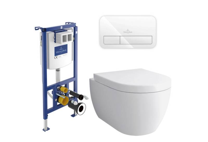 Alpenberger Vorwandelement WC Set Komplett: Hänge WC + Villeroy & Boch Spülkasten Betätigungsplatte, WC Sitz mit Absenkautomatik, Komplettes Set, Wand WC Spülrandlos Keramik Toilette von Alpenberger