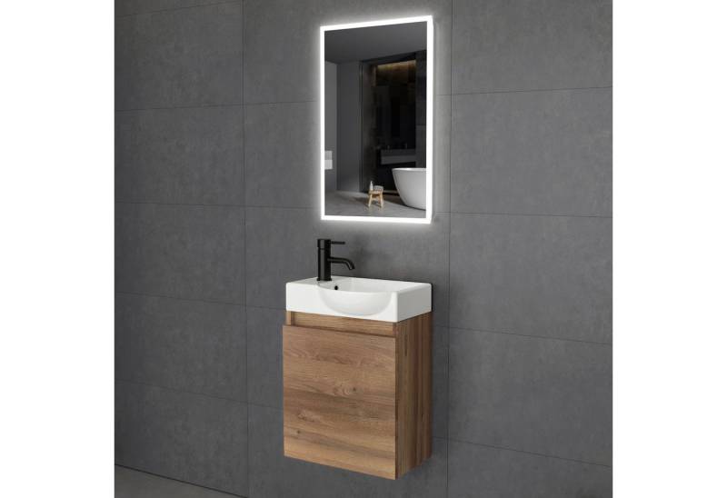 Alpenberger Waschbecken Gäste WC Klein mit Badezimmer Unterschrank und LED Badspiegel (Bamboo Badmöbel 3-tlg. Vormontiert, Waschtisch mit Wandspiegel), Keramik Becken & Softclose Schrank & Spiegel mit Touch Schalter von Alpenberger
