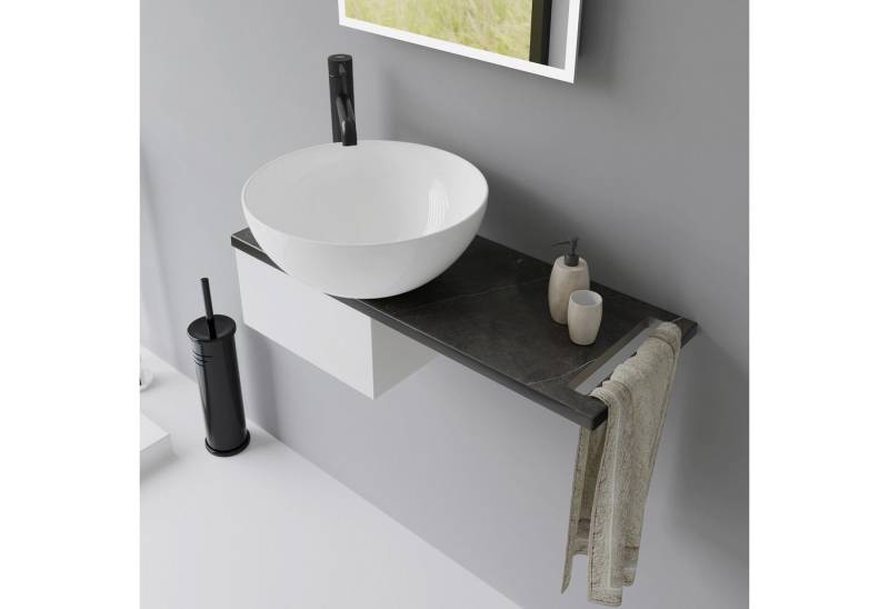 Alpenberger Waschbecken Gäste WC Set + Handtuchhalter + Keramikplatte, Aufsatzwaschbecken Rund (Waschtisch – Aragon, Waschplätze mit Handtuchhalter), Waschschüssel Waschschale auf Edelstahlkasten von Alpenberger
