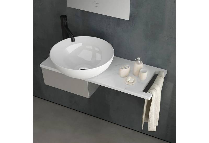 Alpenberger Waschbecken Gäste WC Set + Handtuchhalter + Keramikplatte, Aufsatzwaschbecken Rund (Waschtisch – Calacatta, Waschplätze mit Handtuchhalter), Waschschüssel Waschschale auf Edelstahlkasten von Alpenberger