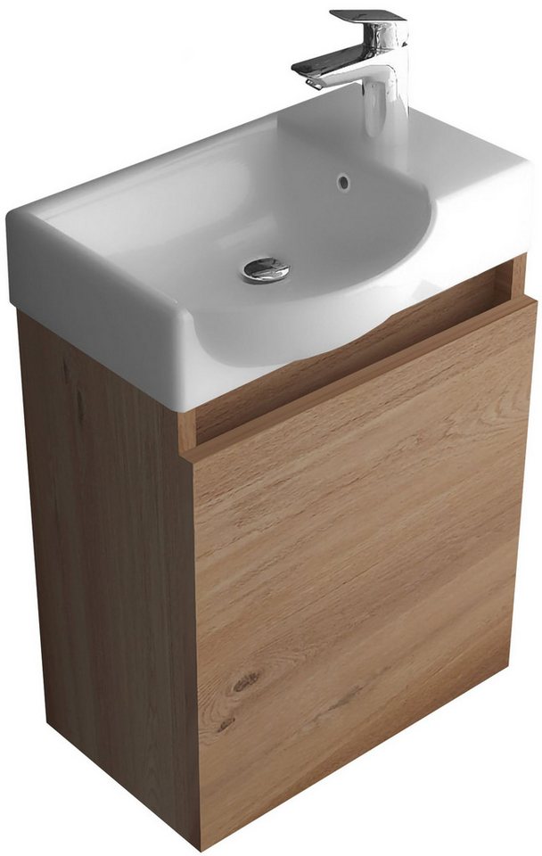 Alpenberger Waschbecken Gäste WC Waschbecken mit Unterschrank - Hängeschrank Vormontiert (Waschbecken Komplett Set, Badmöbel+Set - Bad Unterschrank), Waschtisch mit Unterschrank Braun - Gäste Waschbecken von Alpenberger