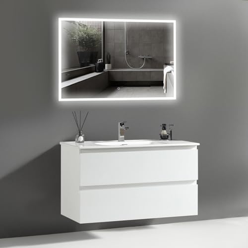 Alpenberger Waschbecken mit Unterschrank 100 cm Breit | Waschbeckenunterschrank Gäste WC | Badezimmerspiegel mit Beleuchtung | LED Spiegel Bad (Vivento 100 Weiß) von Alpenberger
