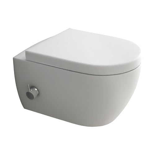 Alpenberger Hänge WC Spülrandlos | Toilette mit Bidet Funktion | Toilettendeckel mit Absenkautomatik | Dusch WC Set mit Intimdusche | Kloschüssel mit Armatur | Tiefspüler Passend Geberit (7150 U) von Alpenberger Germany