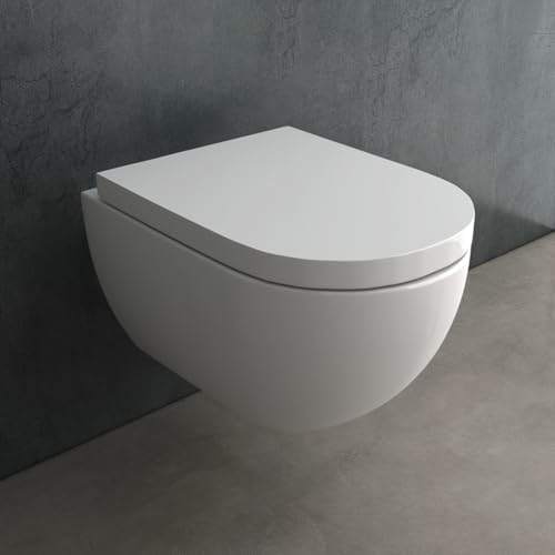 Alpenberger Hänge WC Spülrandlos | Toilette mit Nano | Tiefspüler Wand WC | Duroplast Toilettendeckel mit Absenkautomatik - UNI Sitz | Keramik Kloschüssel für Bad & Gäste WC | Passend Geberit von Alpenberger