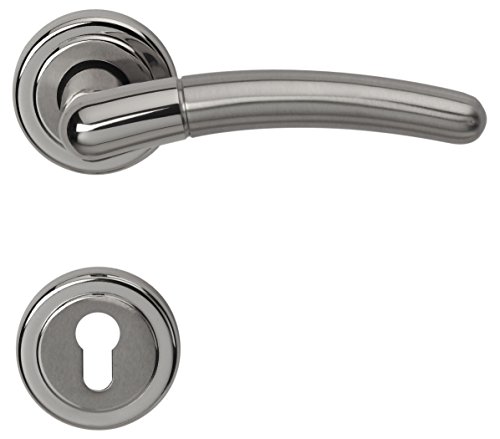 Alpertec 32960563 Betty-R Messing PZ Drückergarnitur Türdrücker Türbeschläge Neu, Chrom satiniert, für Wohnungseingangstüren beidseitig Drücker von Alpertec