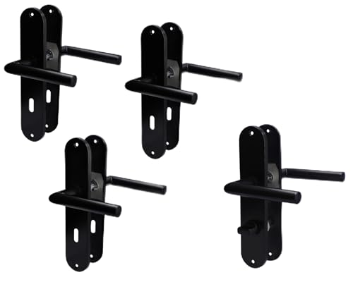 Alpertec Renovierungsgarnitur Türbeschlag, Langschild im 4er Set, Edelstahl schwarz für 3 Zimmertüren mit Buntbartlochung und 1 Bad-WC-Tür, Türklinke, Türgriff von Alpertec