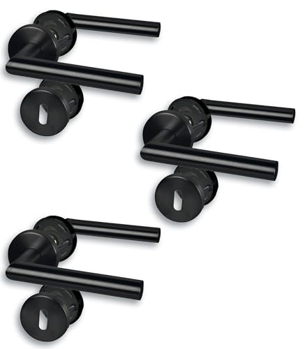 Rosettengarnitur I Türbeschlag im 3er Set, Edelstahl schwarz für 3 Zimmertüren mit Buntbartlochung, Cliprosette Ø52mm, Türklinke, Türgriff von Alpertec