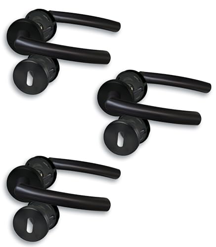 Rosettengarnitur II Türbeschlag im 3er Set, Edelstahl schwarz für 3 Zimmertüren mit Buntbartlochung, Cliprosette Ø52mm, Türklinke, Türgriff von Alpertec