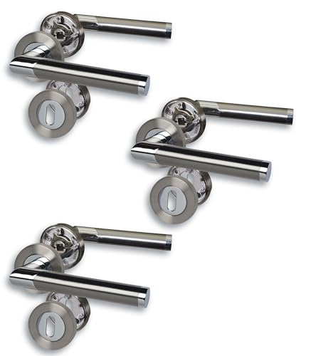 Rosettengarnitur Türbeschlag im 3er Set, Chrom/Edelstahlfärbig satiniert für 3 Zimmertüren mit Buntbartlochung, Schraubrosette Ø52mm, Türklinke, Türgriff Rosettengarnitur Türbeschlag im 3er Set, Chrom/Edelstahlfärbig satiniert für 3 Zimmertüren mit Buntbartlochung, Schraubrosette Ø52mm, Türklinke, Türgriff von Alpertec
