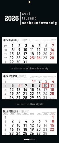 3-Monatskalender Black 2026 - Büro-Kalender 33x20 cm (geschlossen), 33x80 cm (geöffnet) - faltbar - mit Datumsschieber - Alpha Edition von Alpha Edition