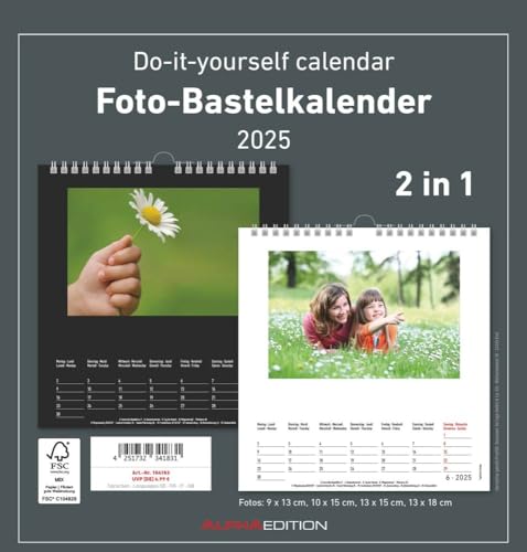 Alpha Edition - Foto-Bastelkalender 2025 schwarz und weiß, 21x22cm, Do it yourself Kalender mit Seiten aus hochwertigem Bastelkarton, 2 in 1, gestaltbares Titelblatt, Kalendarium in Schwarz und Weiß von Alpha Edition