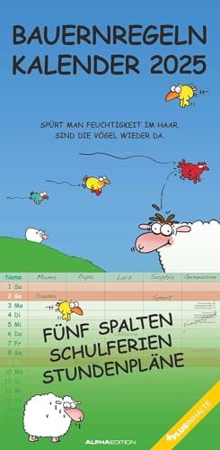 Alpha Edition - Bauernregeln 2025 Familienplaner, 22x45cm, Familienkalender mit 5 Spalten für Termine, Mondphasen, Kalenderwochen, Ferientermine DE/AT/CH, deutsches Kalendarium von Alpha Edition