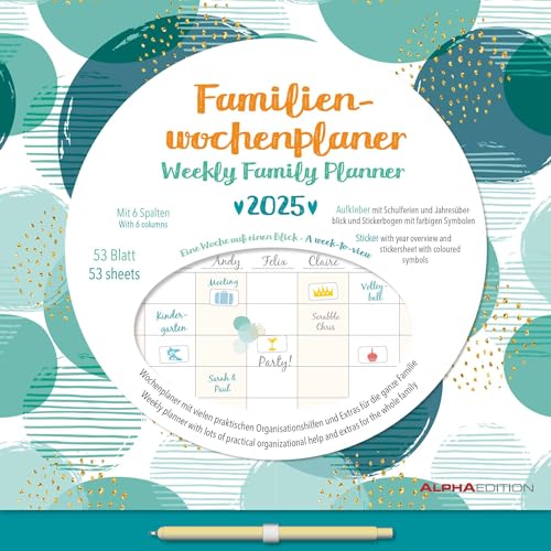 Alpha Edition - Familien Wochenkalender Dots 2025, 30,5x30,5cm, Wochenplaner mit 6 Spalten für Termine, Tasche für lose Notizen, Kalenderwochen, internationales Kalendarium von Alpha Edition