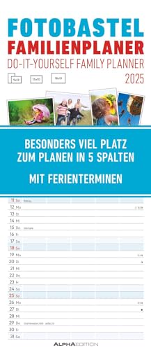 Alpha Edition - Foto-Bastel-Familienplaner 2025 Bastelkalender, 19,5x45cm, Wandkalender mit 5 Spalten für Termine, Mondphasen, Ferientermine DE/AT/CH und deutsches Kalendarium von Alpha Edition