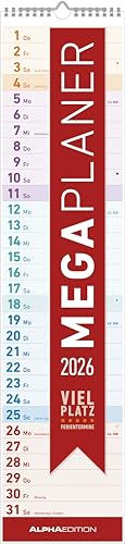 Alpha Edition - Megaplaner 2026 – Streifenkalender 14,5×64 cm mit viel Platz für Notizen & Ferienterminen, übersichtlicher Wandplaner & Küchenkalender für Haushalt, Büro & Organisation Alpha Edition - Megaplaner 2026 – Streifenkalender 14,5×64 cm mit viel Platz für Notizen & Ferienterminen, übersichtlicher Wandplaner & Küchenkalender für Haushalt, Büro & Organisation von Alpha Edition
