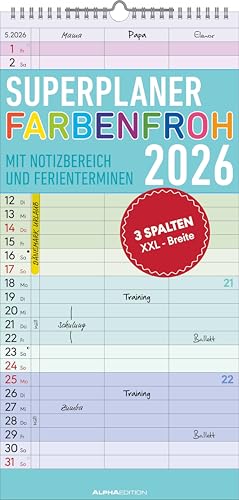 Superplaner Farbenfroh 2026 - Familien-Timer 22x45 cm - mit Ferienterminen - 3 Spalten - Wand-Planer - mit vielen Zusatzinformationen - Alpha Edition Superplaner Farbenfroh 2026 - Familien-Timer 22x45 cm - mit Ferienterminen - 3 Spalten - Wand-Planer - mit vielen Zusatzinformationen - Alpha Edition von Alpha Edition