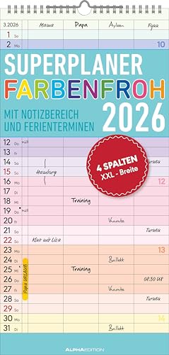 Alpha Edition - Superplaner Farbenfroh - 4 Spalten - Familienkalender 2026 – 4 Spalten, 22x45 cm – Bunter Familien-Timer mit Feiertagen (DE/AT/CH/FR/IT) – FSC-zertifiziert Alpha Edition - Superplaner Farbenfroh - 4 Spalten - Familienkalender 2026 – 4 Spalten, 22x45 cm – Bunter Familien-Timer mit Feiertagen (DE/AT/CH/FR/IT) – FSC-zertifiziert von Alpha Edition