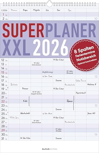 Superplaner XXL 2026 8 Spalten - Timer 33x49,5 cm - Offset-Papier - mit Ferienterminen - Wand-Planer - Alpha Edition Superplaner XXL 2026 8 Spalten - Timer 33x49,5 cm - Offset-Papier - mit Ferienterminen - Wand-Planer - Alpha Edition von Alpha Edition