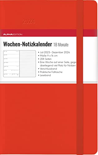 Wochen Notizkalender 18 Monate klein Red 2024 - Taschen-Kalender 9x14 cm - mit Verschlussband & Falttasche - Juli 2023 bis Dez 2024 - Weekly - 208 Seiten von Alpha Edition