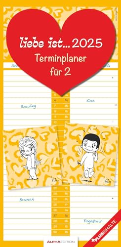 Alpha Edition - liebe ist... Terminplaner für 2 2025 Familienplaner, 22x45cm, Kalender mit 2 Spalten für Termine, Mondphasen, Ferientermine DE/AT/CH und deutsches Kalendarium von Alpha Edition