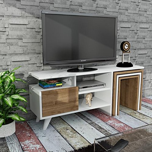 moebel17 2237 Nature TV Board Lowboard Fernsehtisch Weiß Walnuss, Holz, mit integrierten Beistelltischen 3er Set, viel Stauraum, 120 x 29,5 x 49 cm von moebel17