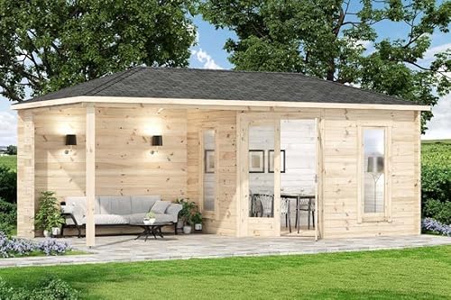 Alpholz 5-Eck Gartenhaus Liwa-28 aus Massiv-Holz | Gerätehaus mit 28 mm Wandstärke | Garten Holzhaus inklusive Montagematerial | Geräteschuppen Größe: 595 x 300 cm Natur von Alpholz