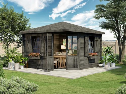 Alpholz 5-Eck Gartenhaus Monica Royal Gartenhaus aus Holz in Grau, Holzhaus mit 40 mm Wandstärke, Blockbohlenhaus mit Montagematerial von Alpholz