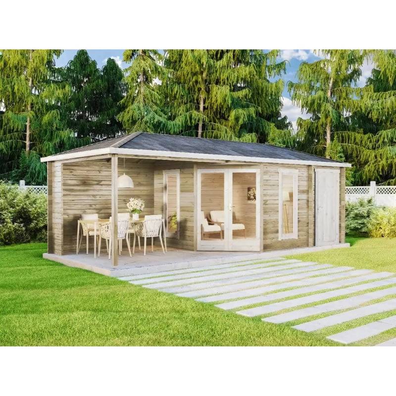 Alpholz 5-Eck Gartenhaus Liwa mit Anbau 40mm Imprägniert (Pinie) 714 cm x 302 cm von Alpholz