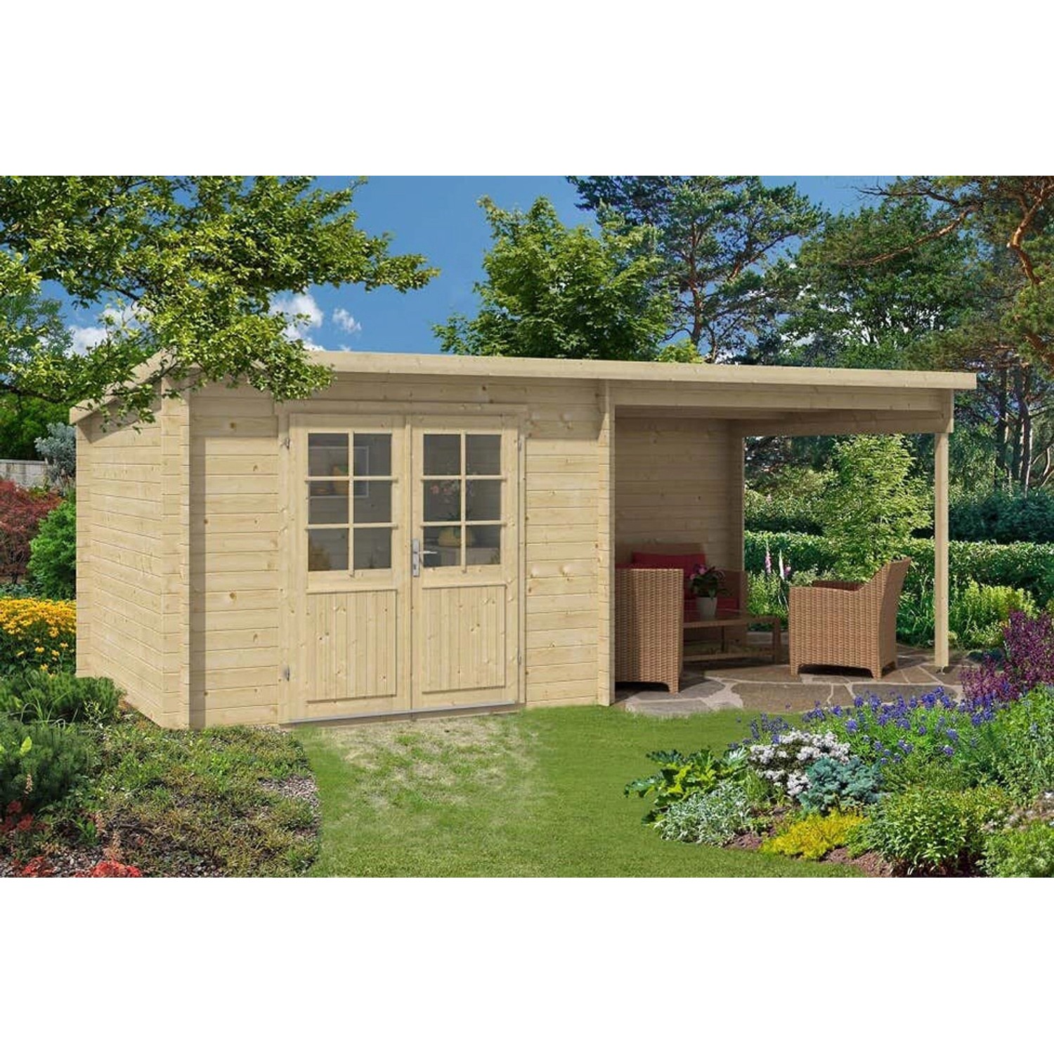 Alpholz Gartenhaus Maria-Nova-28 Pultdach 598 cm x 322 cm Hellbraun von Alpholz